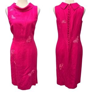 Talbots Womens Sheath Dress 6 Pink Linen Blend Butterfly Embroidered Cowl Neck
